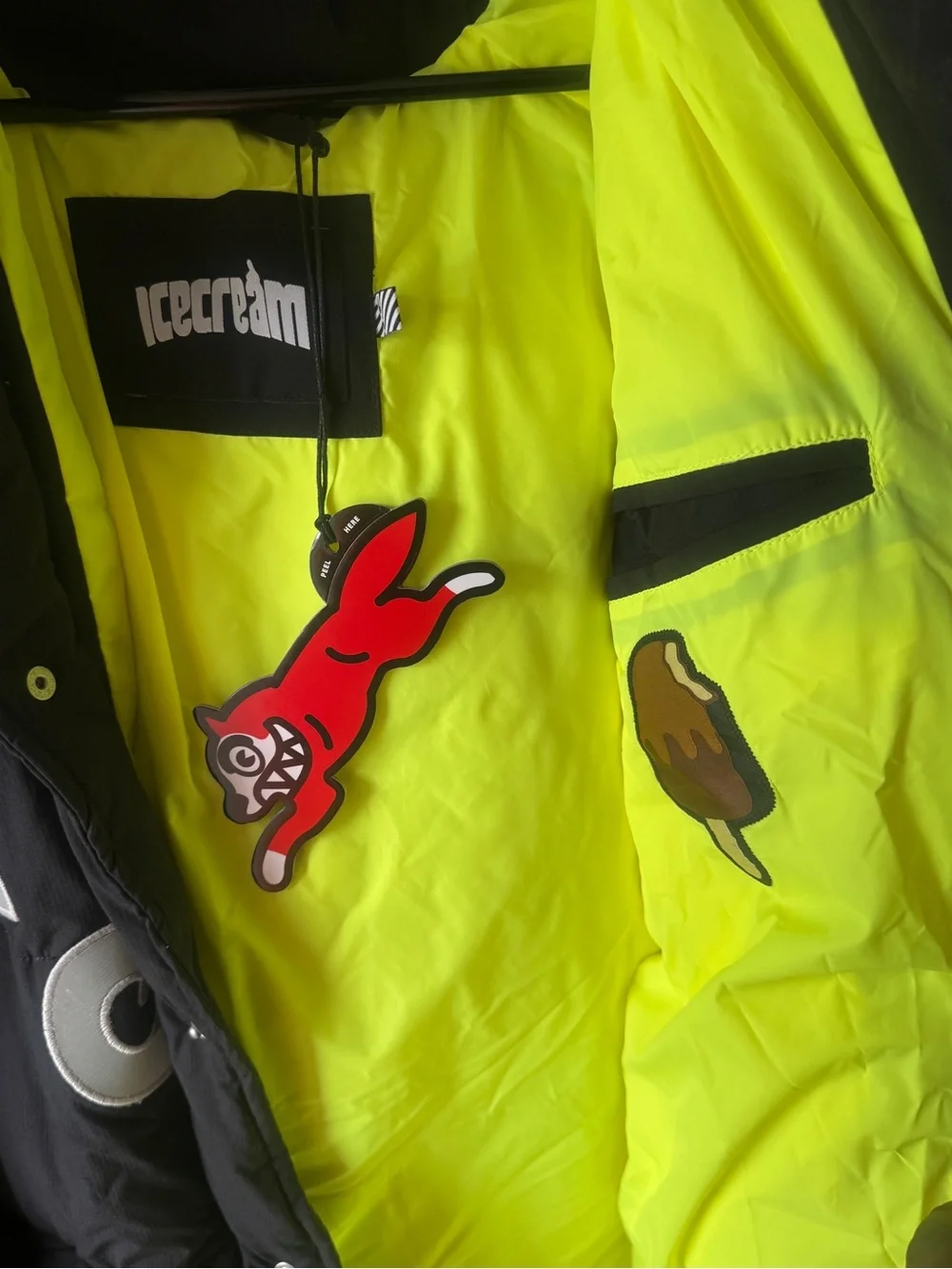 Icecream Black Puffer Jacket with Neon Yellow Shoulder Accent